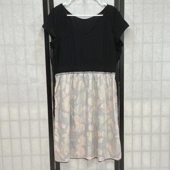 Isaac Mizrahi Leaf Print V Neck Cap Sleeve Elastic Waist Midi Dress Black Orange - Picture 5 of 13